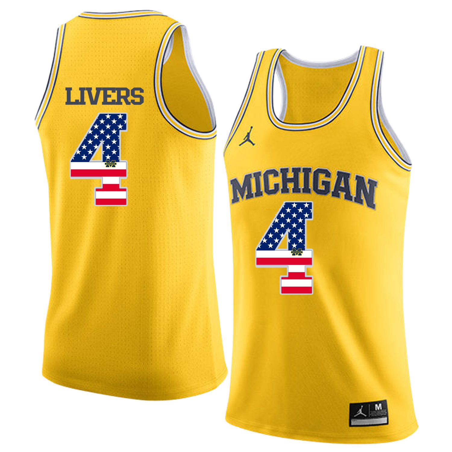 Men Jordan University of Michigan Basketball Yellow #4 Livers Flag Customized NCAA Jerseys